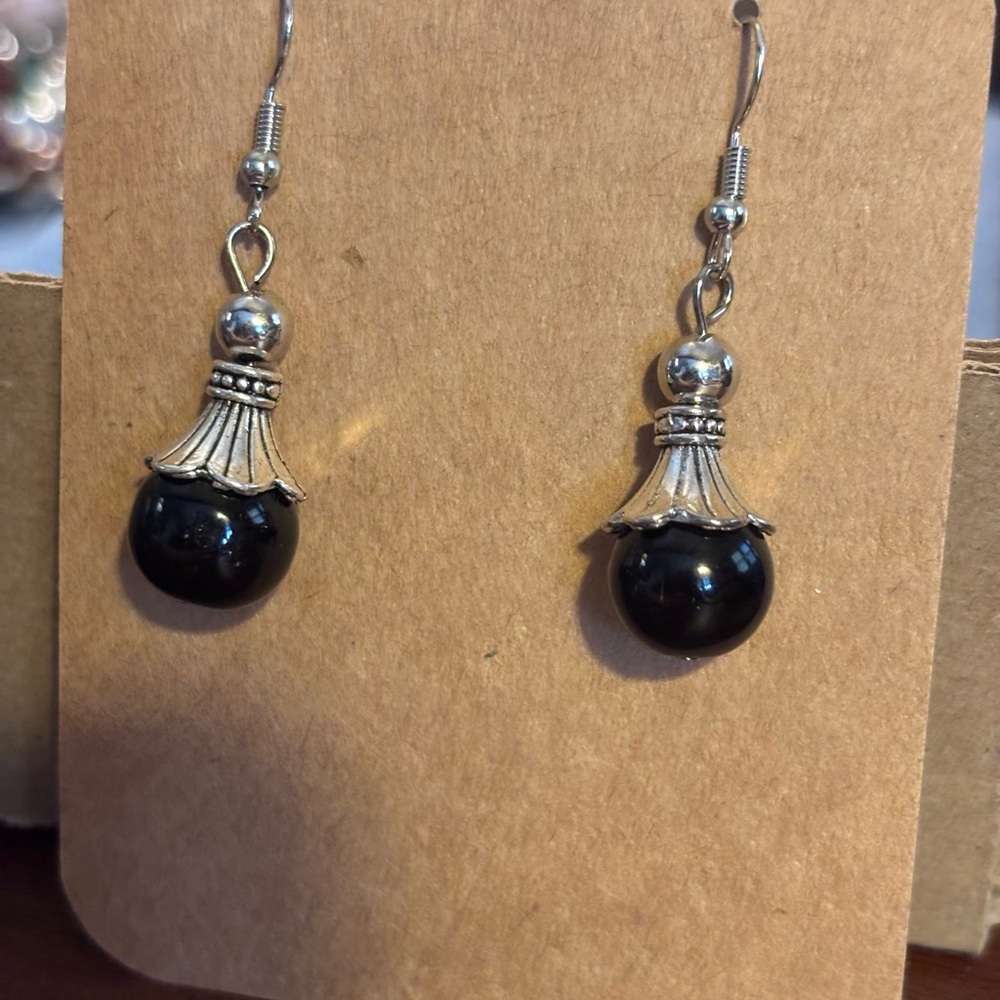 Elegant Black and Silver Drop Earrings Handcrafted